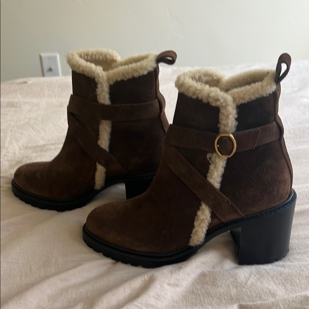 Banana Republic Brown Cream Heeled Boots with Fur Trim